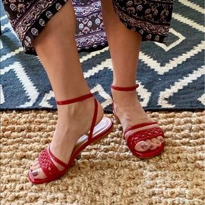 NAGUISA Handcrafted Red Leather Ankle Wrap Sandals